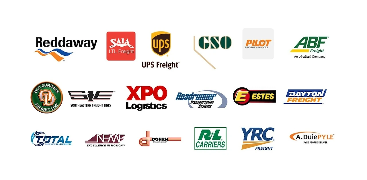 Logos of freight shipping partners including Reddaway, UPS, and XPO Logistics.